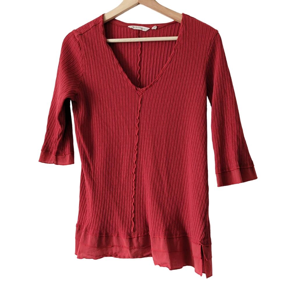 Soft Surroundings Womens Red Blouse Rossi 3/4 Sleeve Ribbed V-Neck Top Medium